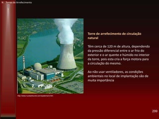 299
http://www.nucleartourist.com/systems/ct.htm
Torre de arrefecimento de circulação
natural
Têm cerca de 120 m de altura, dependendo
da pressão diferencial entre o ar frio do
exterior e o ar quente e húmido no interior
da torre, pois esta cria a força motora para
a circulação do mesmo.
Ao não usar ventiladores, as condições
ambientais no local de implantação são de
muita importância
N Torres de Arrefecimento
 