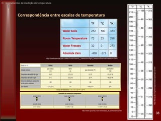 Correspondência entre escalas de temperatura
38
http://www.guia.heu.nom.br/escalas_de_temperatura.htm
http://fisica.ufpr.br/grimm/aposmeteo/cap3/cap3-2.html
http://coolcosmos.ipac.caltech.edu/cosmic_classroom/light_lessons/thermal/measure.html
C: Instrumentos de medição de temperatura
 