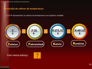 C
5
F-32
9
K-273,15
5
F-32
9
===
Celsius Fahreinheit RankineKelvin
Com menos esforço:
Conversão de valores de temperatura
C: Instrumentos de medição de temperatura
C,F,K R representam os valores da temperatura na respetiva unidade
R-491,67
9
39
 
