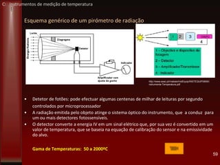 Esquema genérico de um pirómetro de radiação
• Detetor de fotões: pode efectuar algumas centenas de milhar de leituras por segundo
controlados por microprocessador
• A radiação emitida pelo objeto atinge o sistema óptico do instrumento, que a conduz para
um ou mais detectores fotossensíveis.
• O detector converte a energia IV em um sinal elétrico que, por sua vez é convertido em um
valor de temperatura, que se baseia na equação de calibração do sensor e na emissividade
do alvo.
Gama de Temperaturas: 50 a 2000ºC
59
http://www.esac.pt/rnabais/InstEquip/INSTEQUIP0809/I
nstrumenta-Temperatura.pdf
C: Instrumentos de medição de temperatura
 