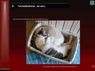 D Termodinâmica - lei zero
73
A lei zero da termodinâmica trata do equilíbrio térmico
http://hortaaporta.blogspot.com/2011/07/transferencias-de-energia.html
 