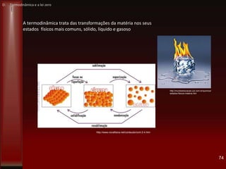 74
A termodinâmica trata das transformações da matéria nos seus
estados físicos mais comuns, sólido, líquido e gasoso
D: Termodinâmica e a lei zero
http://mundoeducacao.uol.com.br/quimica/
estados-fisicos-materia.htm
http://www.novafisica.net/conteudo/cont-2-4.htm
 