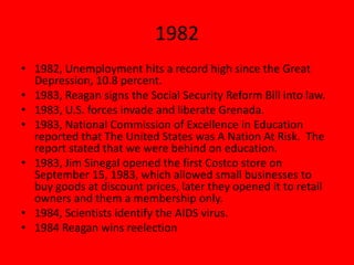 1982
• 1982, Unemployment hits a record high since the Great
Depression, 10.8 percent.
• 1983, Reagan signs the Social Security Reform Bill into law.
• 1983, U.S. forces invade and liberate Grenada.
• 1983, National Commission of Excellence in Education
reported that The United States was A Nation At Risk. The
report stated that we were behind on education.
• 1983, Jim Sinegal opened the first Costco store on
September 15, 1983, which allowed small businesses to
buy goods at discount prices, later they opened it to retail
owners and them a membership only.
• 1984, Scientists identify the AIDS virus.
• 1984 Reagan wins reelection
 