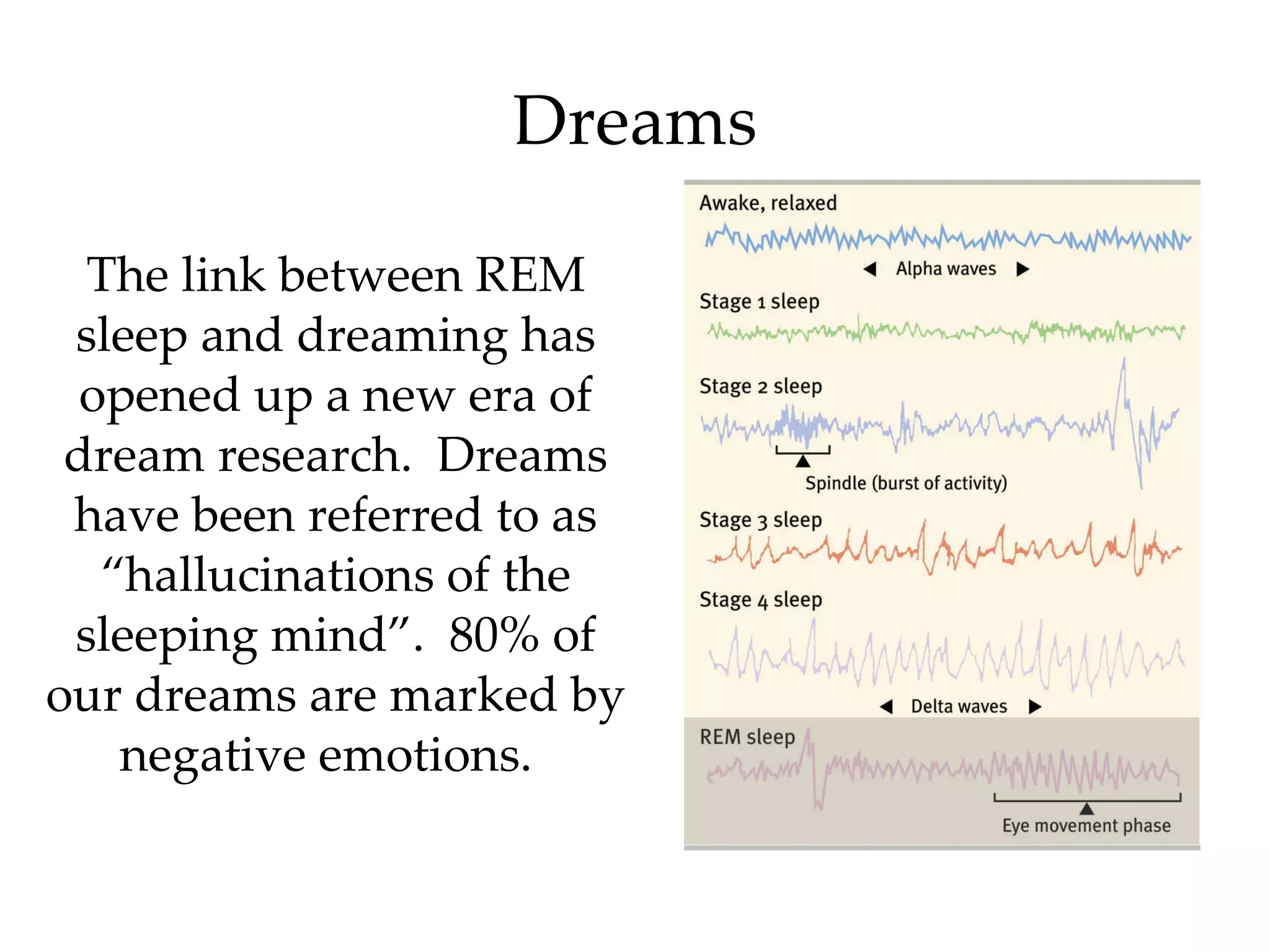 Dreams The link between REM sleep and dreaming has opened up a new era of dream research.  Dreams have been referred to as “hallucinations of the sleeping mind”.  80% of our dreams are marked by negative emotions.   