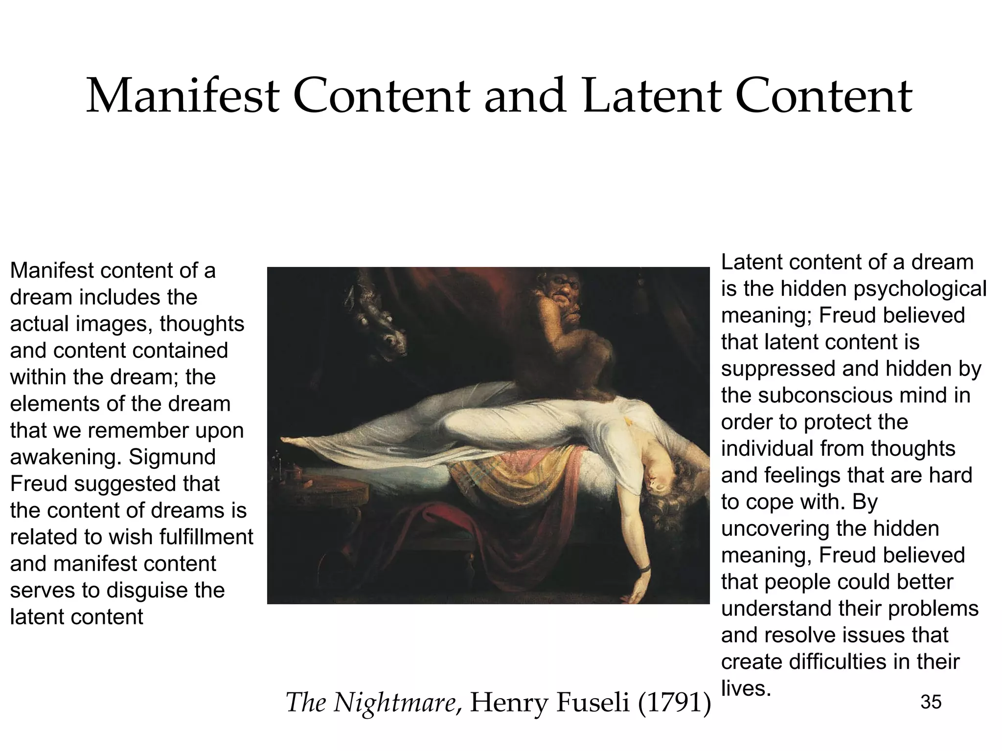 Manifest Content and Latent Content The Nightmare , Henry Fuseli (1791) Manifest content of a dream includes the actual images, thoughts and content contained within the dream; the elements of the dream that we remember upon awakening. Sigmund Freud suggested that the content of dreams is related to wish fulfillment and manifest content serves to disguise the latent content Latent content of a dream is the hidden psychological meaning; Freud believed that latent content is suppressed and hidden by the subconscious mind in order to protect the individual from thoughts and feelings that are hard to cope with. By uncovering the hidden meaning, Freud believed that people could better understand their problems and resolve issues that create difficulties in their lives. 