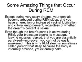 Some Amazing Things that Occur During REM Except during very scary dreams, your genitals become aroused during REM sleep, and you have an erection or increased vaginal lubrication and clitoral engorgement, regardless of whether the dream’s content is sexual. Even though the brain’s cortex is active during REM, your brainstem blocks its messages, leaving muscles relaxed, that you are essentially paralyzed—moreover, you cannot be easily awakened.  This is why REM sleep is sometimes called  paradoxical  sleep because the body is internally aroused, yet externally calm. 