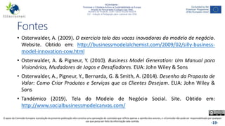 NGAmbiente -
Promover a Cidadania Activa e a Sustentabilidade na Europa
Através do Pensamento Ecológico das ONG
Número do Projecto: 2018-1-DE02-KA204-005014
IO2 - Indução à Pedagogia para o pessoal das ONG
Este projecto foi financiado com o apoio da Comissão Europeia. Esta publicação reflecte apenas a opinião do autor e a Comissão não pode ser responsabilizada por
qualquer utilização que possa ser feita das informações nela contidas. -19-
Fontes
• Osterwalder, A. (2009). O exercício tolo das vacas inovadoras do modelo de negócio.
Website. Obtido em: http://businessmodelalchemist.com/2009/02/silly-business-
model-innovation-cow.html
• Osterwalder, A. & Pigneur, Y. (2010). Business Model Generation: Um Manual para
Visionários, Mudadores de Jogos e Desafiadores. EUA: John Wiley & Sons
• Osterwalder, A., Pigneur, Y., Bernarda, G. & Smith, A. (2014). Desenho da Proposta de
Valor: Como Criar Produtos e Serviços que os Clientes Desejam. EUA: John Wiley &
Sons
• Tandémico (2019). Tela do Modelo de Negócio Social. Site. Obtido em:
http://www.socialbusinessmodelcanvas.com/
O apoio da Comissão Europeia à produção da presente publicação não constitui uma aprovação do conteúdo que reflicta apenas a opinião dos autores, e a Comissão não pode ser responsabilizada por qualquer
uso que possa ser feito da informação nela contida.
 