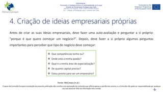 NGAmbiente -
Promover a Cidadania Activa e a Sustentabilidade na Europa
Através do Pensamento Ecológico das ONG
Número do Projecto: 2018-1-DE02-KA204-005014
IO2 - Indução à Pedagogia para o pessoal das ONG
Este projecto foi financiado com o apoio da Comissão Europeia. Esta publicação reflecte apenas a opinião do autor e a Comissão não pode ser responsabilizada por
qualquer utilização que possa ser feita das informações nela contidas. -5-
4. Criação de ideias empresariais próprias
Este projecto foi financiado com o apoio da Comissão Europeia. Esta publicação reflecte apenas a opinião do autor e a Comissão não pode ser responsabilizada por
qualquer utilização que possa ser feita das informações nela contidas.
Antes de criar as suas ideias empresariais, deve fazer uma auto-avaliação e perguntar a si próprio:
"porque é que quero começar um negócio?". Depois, deve fazer a si próprio algumas perguntas
importantes para perceber que tipo de negócio deve começar:
 Que competências tenho eu?
 Onde está a minha paixão?
 Qual é a minha área de especialização?
 De quanto capital preciso?
 Estou pronto para ser um empresário?
Fonte: McCreary (n.d.)
O apoio da Comissão Europeia à produção da presente publicação não constitui uma aprovação do conteúdo que reflicta apenas a opinião dos autores, e a Comissão não pode ser responsabilizada por qualquer
uso que possa ser feito da informação nela contida.
 