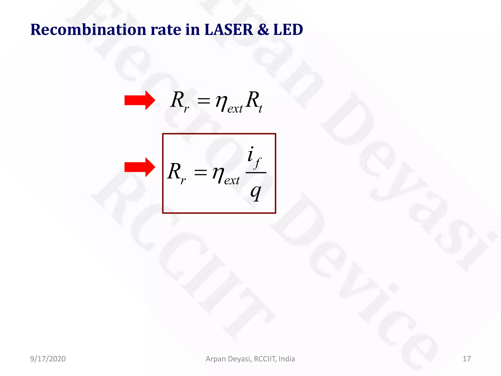 9/17/2020 Arpan Deyasi, RCCIIT, India 17
Recombination rate in LASER & LED
r ext tR Rη=
f
r ext
i
R
q
η=
 