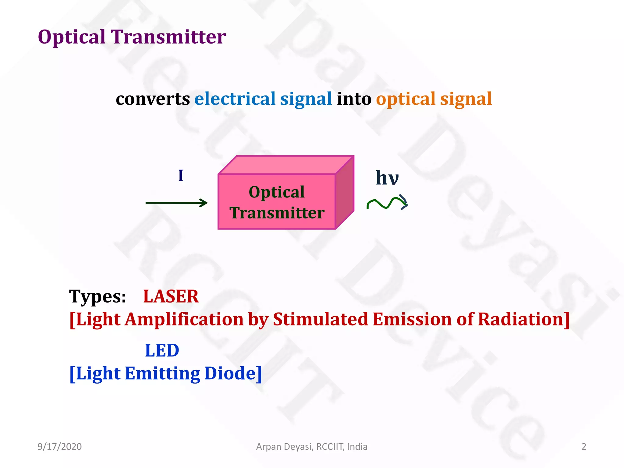 Optical Transmitter
converts electrical signal into optical signal
Optical
Transmitter
I hν
Types: LASER
[Light Amplification by Stimulated Emission of Radiation]
LED
[Light Emitting Diode]
9/17/2020 2Arpan Deyasi, RCCIIT, India
 