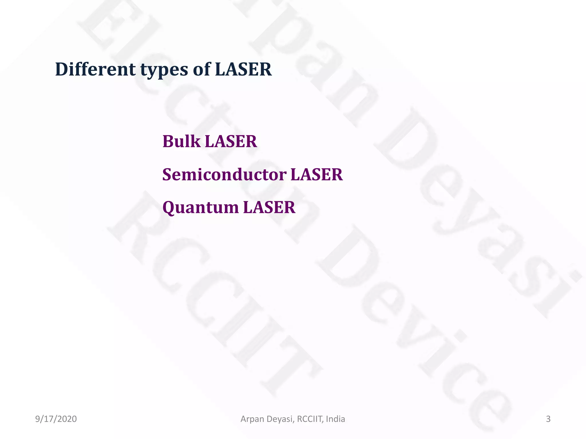 Bulk LASER
Semiconductor LASER
Quantum LASER
Different types of LASER
9/17/2020 3Arpan Deyasi, RCCIIT, India
 