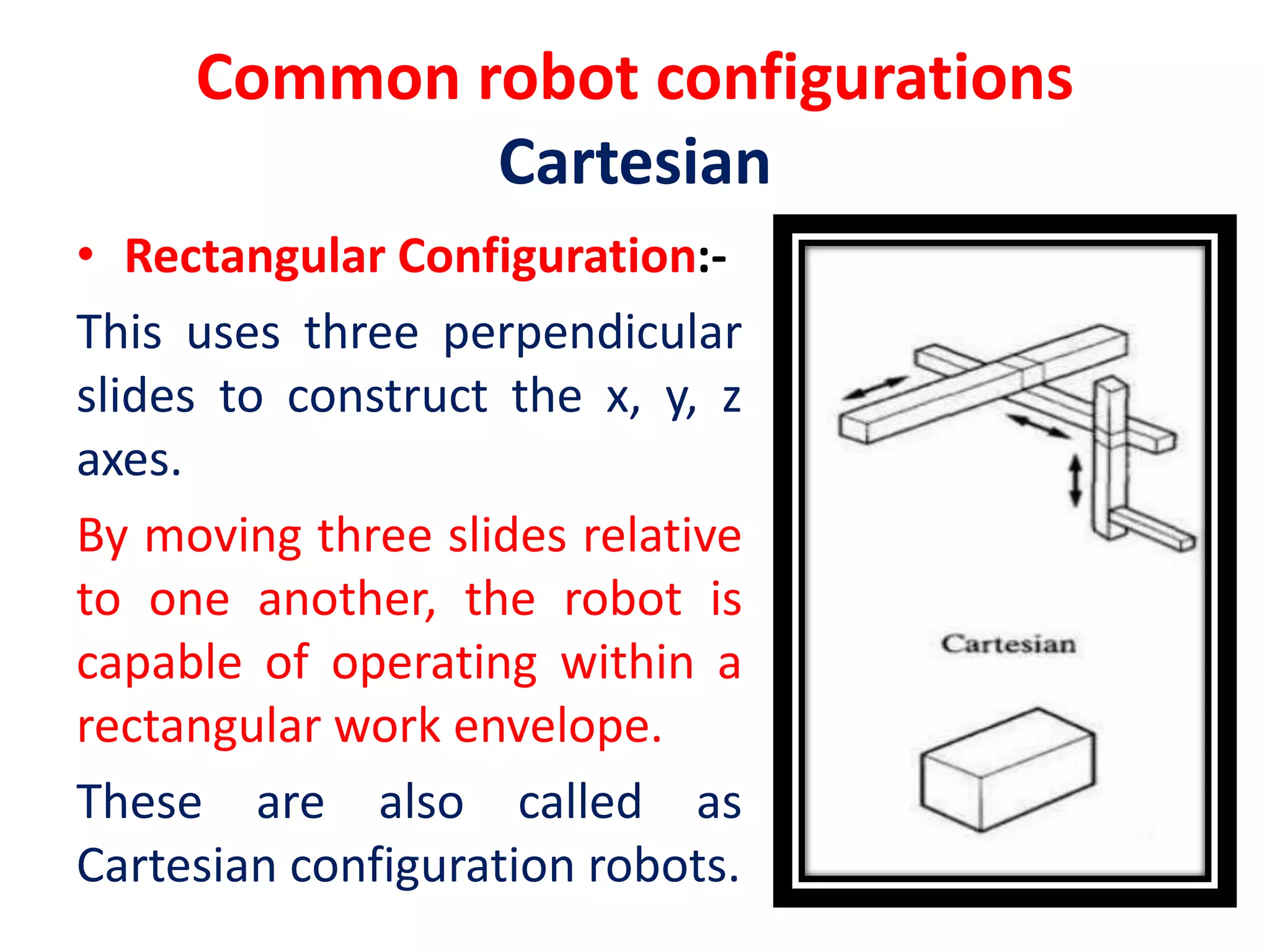Common robot configurations
Cartesian
• Rectangular Configuration:-
This uses three perpendicular
slides to construct the x, y, z
axes.
By moving three slides relative
to one another, the robot is
capable of operating within a
rectangular work envelope.
These are also called as
Cartesian configuration robots.
 
