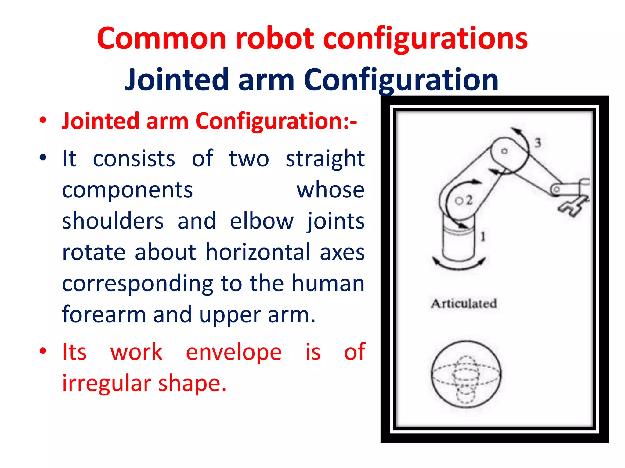 Common robot configurations
Jointed arm Configuration
• Jointed arm Configuration:-
• It consists of two straight
components whose
shoulders and elbow joints
rotate about horizontal axes
corresponding to the human
forearm and upper arm.
• Its work envelope is of
irregular shape.
 