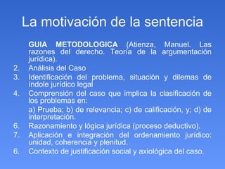 La motivación de la sentencia GUIA METODOLOGICA  (Atienza, Manuel. Las razones del derecho. Teoría de la argumentación jurídica). Análisis del Caso Identificación del problema, situación y dilemas de índole jurídico legal Comprensión del caso que implica la clasificación de los problemas en: a) Prueba; b) de relevancia; c) de calificación, y; d) de interpretación. Razonamiento y lógica jurídica (proceso deductivo). Aplicación e integración del ordenamiento jurídico: unidad, coherencia y plenitud. 6. Contexto de justificación social y axiológica del caso. 