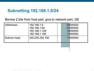 Subnetting 192.168.1.0/24 Borrow 2 bits from host part, give to network part, /26 11000000 255.255.255.192 Subnet mask 00000000 01000000 10000000 11000000 192.168.1.0 192.168.1.64 192.168.1.128 192.168.1.192 Addresses 