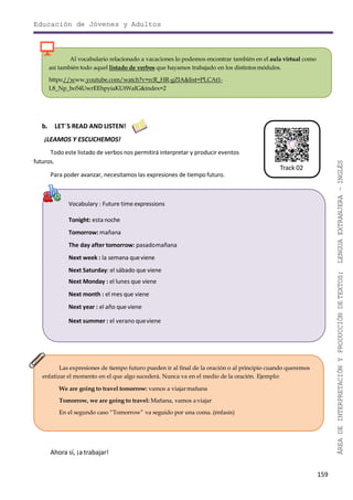 Educación de Jóvenes y Adultos
159
ÁREADEINTERPRETACIÓNYPRODUCCIÓNDETEXTOS:LENGUAEXTRANJERA–INGLÉS
Vocabulary : Future time expressions
Tonight: esta noche
Tomorrow:mañana
The day after tomorrow: pasadomañana
Next week : la semana queviene
Next Saturday: el sábado que viene
Next Monday : el lunes que viene
Next month : el mes que viene
Next year : el año que viene
Next summer : el verano queviene
Al vocabulario relacionado a vacaciones lo podemos encontrar también en el aula virtual como
así también todo aquel listado de verbos que hayamos trabajado en los distintos módulos.
https://www.youtube.com/watch?v=rcR_HR-gZIA&list=PLCAt1-
L8_Np_bo54UwrEEhpyiaKUtWaIG&index=2
Las expresiones de tiempo futuro pueden ir al final de la oración o al principio cuando queremos
enfatizar el momento en el que algo sucederá. Nunca va en el medio de la oración. Ejemplo:
We are going to travel tomorrow: vamos a viajarmañana
Tomorrow, we are going to travel: Mañana, vamos aviajar
En el segundo caso “Tomorrow” va seguido por una coma. (énfasis)
b. LET´S READ AND LISTEN!
¡LEAMOS Y ESCUCHEMOS!
Todo este listado de verbos nos permitirá interpretar y producir eventos
futuros.
Para poder avanzar, necesitamos las expresiones de tiempo futuro.
Ahora sí, ¡a trabajar!
Track 02
 
