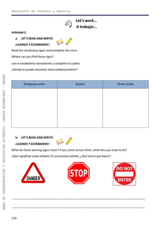170
ÁREADEINTERPRETACIÓNYPRODUCCIÓNDETEXTOS:LENGUAEXTRANJERA–INGLÉS
Educación de Jóvenes y Adultos
Let’s work…
A trabajar…
Actividad 2.
a. LET´S READ ANDWRITE!
¡LEAMOS Y ESCRIBAMOS!
Read the vocabulary again and complete the chart.
Where can you find these signs?
Lee el vocabulario nuevamente y completa el cuadro.
¿Dónde se puede encontrar éstas señales/carteles?
Shopping center Airport Street (calle)
b. LET´S READ AND WRITE!
¡LEAMOS Y ESCRIBAMOS!
What do these warning signs mean? If you come across them, what dou you have to do?
¿Qué significan estas señales? Si encuentras señales, ¿Qué tienes que hacer?
............................................................................................................
............................................................................................................
 