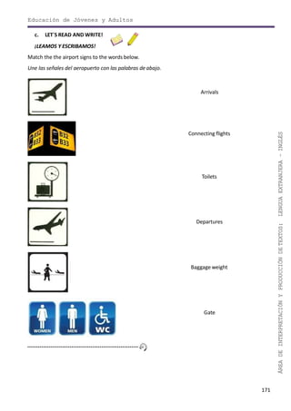171
ÁREADEINTERPRETACIÓNYPRODUCCIÓNDETEXTOS:LENGUAEXTRANJERA–INGLÉS
Educación de Jóvenes y Adultos
c. LET´S READ AND WRITE!
¡LEAMOS Y ESCRIBAMOS!
Match the the airport signs to the words below.
Une las señales del aeropuerto con las palabras de abajo.
Arrivals
Connecting flights
Toilets
Departures
Baggage weight
Gate
 
