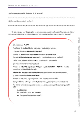 Educación de Jóvenes y Adultos
173
ÁREADEINTERPRETACIÓNYPRODUCCIÓNDETEXTOS:LENGUAEXTRANJERA–INGLÉS
¿Cuándo se usa “will”?
Para hablar de probabilidades, promesas y predicciones futuras.
¿Cómo se forman oraciones interrogativas?
Primero va WILL seguido por el SUJETO y el verbo enINFINITIVO.
Ejemplo: Will you buy a new telephone? = ¿Comprarás un nuevo teléfono?
Lo único que puede ir delante de WILL es una palabra interrogativa.
¿Cómo se forman oraciones negativas?
Primero va el SUJETO seguido por WILL pero negado (WILL NOT = WON´T) y el verbo
también va en INFINITIVO. Ejemplo:
I think I will not buy a new telephone = Creo, yo no compraré un nuevoteléfono.
¿Cómo se forman oraciones afirmativas?
Primero va el SUJETO, seguido por WILL más el verbo enINFINITIVO.
Ejemplo: I think I will buy a new telephone = Creo, yo compraré un nuevoteléfono
Por último, tenemos la respuestas cortas; es decir cuando respondo a una pregunta SI
o NO
Short answers
Yes, I/ he/she/it /you/ we/ they will
No, I/he/she/it /you/ we/ theywon´t
¿Quién pregunta sobre los planes del fin de semana?
............................................................................................................
¿Quién no está seguro de lo que hará?
............................................................................................................
Ya sabemos que con “be going to” podemos expresar nuestros planes en futuro; ahora, ¿Cómo
expresamos probabilidad en el futuro, es decir, que no sabemos bien que sucederá? ¿ Veamos?
 