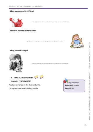 179
ÁREADEINTERPRETACIÓNYPRODUCCIÓNDETEXTOS:LENGUAEXTRANJERA–INGLÉS
Educación de Jóvenes y Adultos
A boy promises to his girlfriend
Early: temprano
Homework:deberes
Faithful: fiel
……………………….……………….………
A student promises to herteacher
……………………….……………….………
A boy promises to agirl
……………………….……………….………
b. LET´S READ ANDWRITE!
¡LEAMOS Y ESCRIBAMOS!
Read the sentences in the chart and write.
Lee las oraciones en el cuadro y escribe.
 