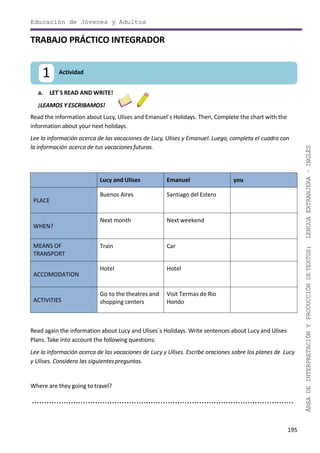 Educación de Jóvenes y Adultos
195
ÁREADEINTERPRETACIÓNYPRODUCCIÓNDETEXTOS:LENGUAEXTRANJERA–INGLÉS
TRABAJO PRÁCTICO INTEGRADOR
a. LET´S READ AND WRITE!
¡LEAMOS Y ESCRIBAMOS!
Read the information about Lucy, Ulises and Emanuel´s Holidays. Then, Complete the chart with the
information about your next holidays.
Lee la información acerca de las vacaciones de Lucy, Ulises y Emanuel. Luego, completa el cuadro con
la información acerca de tus vacacionesfuturas.
Lucy and Ulises Emanuel you
PLACE
Buenos Aires Santiago del Estero
WHEN?
Next month Next weekend
MEANS OF
TRANSPORT
Train Car
ACCOMODATION
Hotel Hotel
ACTIVITIES
Go to the theatres and
shopping centers
Visit Termas de Rio
Hondo
Read again the information about Lucy and Ulises´s Holidays. Write sentences about Lucy and Ulises
Plans. Take into account the following questions:
Lee la información acerca de las vacaciones de Lucy y Ulises. Escribe oraciones sobre los planes de Lucy
y Ulises. Considera las siguientespreguntas.
Where are they going to travel?
............................................................................................................
Actividad1
 