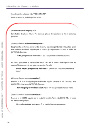 Educación de Jóvenes y Adultos
156
ÁREADEINTERPRETACIÓNYPRODUCCIÓNDETEXTOS:LENGUAEXTRANJERA–INGLÉS
¿Cuándo se usa el “be going to”?
Para hablar de planes futuro. Por ejemplo, planes de vacaciones o fin de semanas
próximos.
¿Cómo se forman oraciones interrogativas?
Las preguntas se forman con el verbo BE (am / is / are dependiendo del sujeto a quien
nos estamos refiriendo) seguido por el SUJETO y luego GOING TO más el verbo en
INFINITIVO. Ejemplo:
Is she going to travel next week? : ¿Va a viajar ella la semana queviene?
Lo único que puede ir delante del verbo “be” es la palabra interrogativa que es
opcional de acuerdo a lo que quiera preguntar.Ejemplo:
Where are you going to travel next week? : ¿Dónde vas a viajar la semana que
viene?
¿Cómo se forman oraciones negativas?
Primero va el SUJETO seguido por el verbo BE negado (am not/ is not / are not) más
GOING TO y el verbo en INFINITIVO.Ejemplo:
I am not going to travel next week : Yo no voy a viajar la semana que viene.
¿Cómo se forman oraciones afirmativas?
Primero va el SUJETO seguido por el verbo BE (am / is / are) más GOING TO y el verbo
en INFINITIVO. Ejemplo:
He is going to travel next week : Él va a viajar la semana queviene.
Encontraron las palabras, ¿No? “ BE GOING TO”
Veamos, entonces, cuándo y cómo usarlo.
 