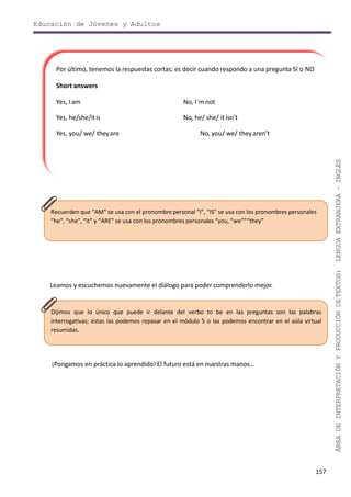 Educación de Jóvenes y Adultos
157
ÁREADEINTERPRETACIÓNYPRODUCCIÓNDETEXTOS:LENGUAEXTRANJERA–INGLÉS
Por último, tenemos la respuestas cortas; es decir cuando respondo a una pregunta SI o NO
Short answers
Yes, Iam No, I´m not
Yes, he/she/itis No, he/ she/ itisn’t
Yes, you/ we/ theyare No, you/ we/ theyaren’t
Recuerden que “AM” se usa con el pronombre personal “I”, “IS” se usa con los pronombres personales
“he”, “she”, “it” y “ARE” se usa con los pronombres personales “you, “we””“they”
Leamos y escuchemos nuevamente el diálogo para poder comprenderlo mejor.
Dijimos que lo único que puede ir delante del verbo to be en las preguntas son las palabras
interrogativas; éstas las podemos repasar en el módulo 5 o las podemos encontrar en el aúla virtual
resumidas.
¡Pongamos en práctica lo aprendido! El futuro está en nuestras manos…
 