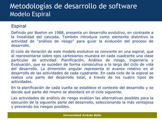 Universidad Andrés Bello
Metodologías de desarrollo de software
Modelo Espiral
Espiral
Definido por Boehm en 1988, present...