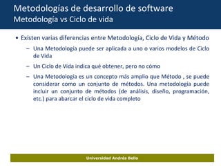 Universidad Andrés Bello
Metodologías de desarrollo de software
Metodología vs Ciclo de vida
• Existen varias diferencias ...