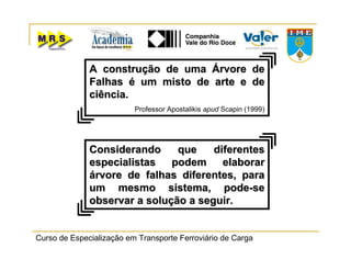 Curso de Especialização em Transporte Ferroviário de Carga
Considerando que diferentesConsiderando que diferentes
especialistas podem elaborarespecialistas podem elaborar
árvore de falhas diferentes, paraárvore de falhas diferentes, para
um mesmo sistema, podeum mesmo sistema, pode--sese
observar a solução a seguir.observar a solução a seguir.
A construção de uma Árvore deA construção de uma Árvore de
Falhas é um misto de arte e deFalhas é um misto de arte e de
ciência.ciência.
Professor Apostalikis apud Scapin (1999)
 