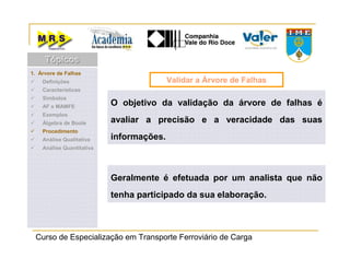 Curso de Especialização em Transporte Ferroviário de Carga
O objetivo da validação da árvore de falhas é
avaliar a precisão e a veracidade das suas
informações.
Validar a Árvore de Falhas
Geralmente é efetuada por um analista que não
tenha participado da sua elaboração.
1. Árvore de Falhas
Definições
Características
Símbolos
AF x MAMFE
Exemplos
Álgebra de Boole
Procedimento
Análise Qualitativa
Análise Quantitativa
TópicosTópicosTópicos
 