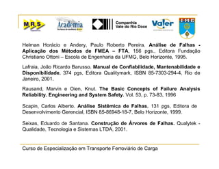 Curso de Especialização em Transporte Ferroviário de Carga
Helman Horácio e Andery, Paulo Roberto Pereira. Análise de Falhas -
Aplicação dos Métodos de FMEA – FTA, 156 pgs., Editora Fundação
Christiano Ottoni – Escola de Engenharia da UFMG, Belo Horizonte, 1995.
Rausand, Marvin e Oien, Knut. The Basic Concepts of Failure Analysis
Reliability. Engineering and System Safety. Vol. 53, p. 73-83, 1996
Lafraia, João Ricardo Barusso. Manual de Confiabilidade, Mantenabilidade e
Disponibilidade. 374 pgs, Editora Qualitymark, ISBN 85-7303-294-4, Rio de
Janeiro, 2001.
Seixas, Eduardo de Santana. Construção de Árvores de Falhas. Qualytek -
Qualidade, Tecnologia e Sistemas LTDA, 2001.
Scapin, Carlos Alberto. Análise Sistêmica de Falhas. 131 pgs, Editora de
Desenvolvimento Gerencial, ISBN 85-86948-18-7, Belo Horizonte, 1999.
 