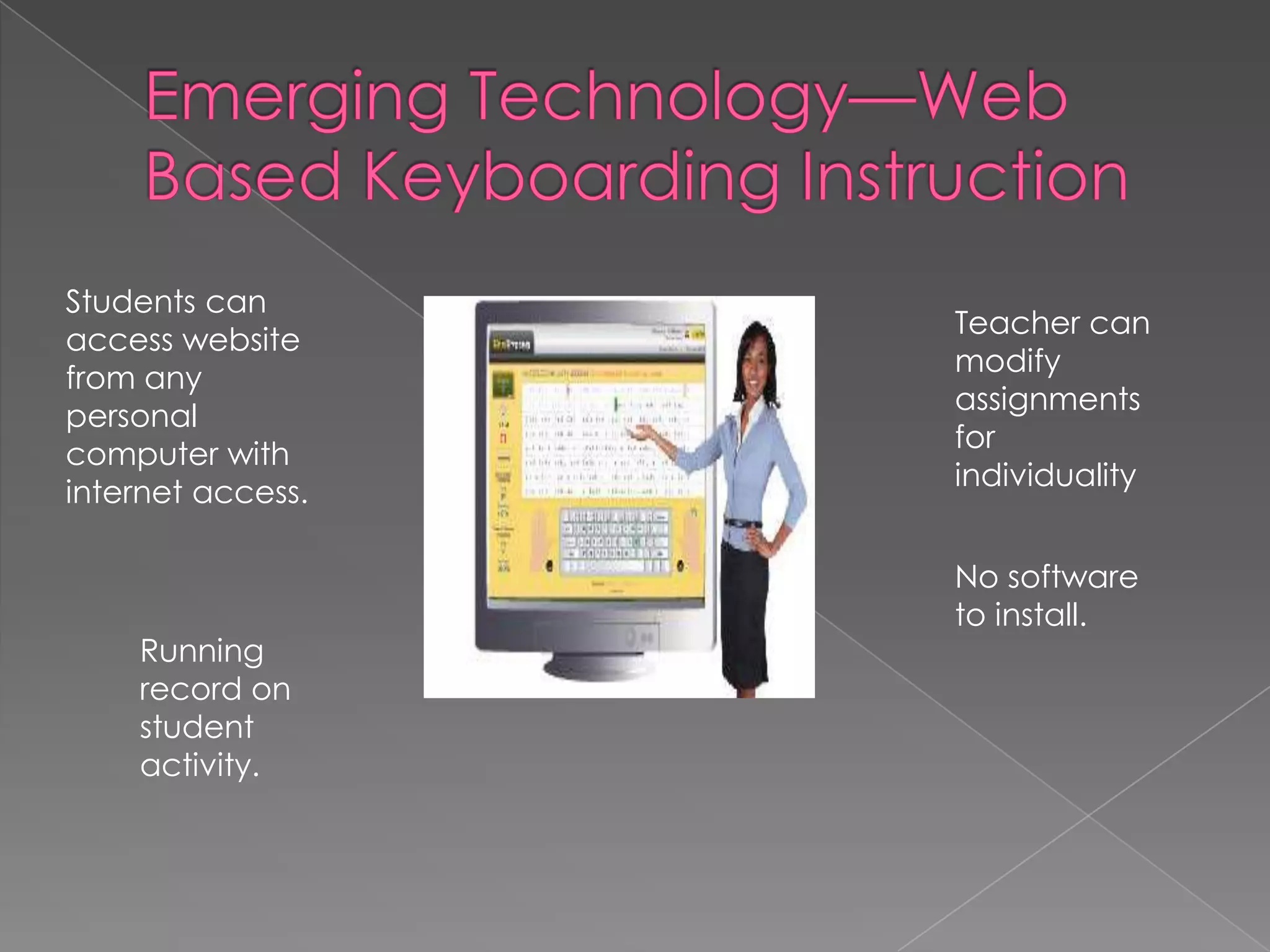 Students can
access website
from any
personal
computer with
internet access.

Running
record on
student
activity.

Teacher can
modify
assignments
for
individuality
No software
to install.

 