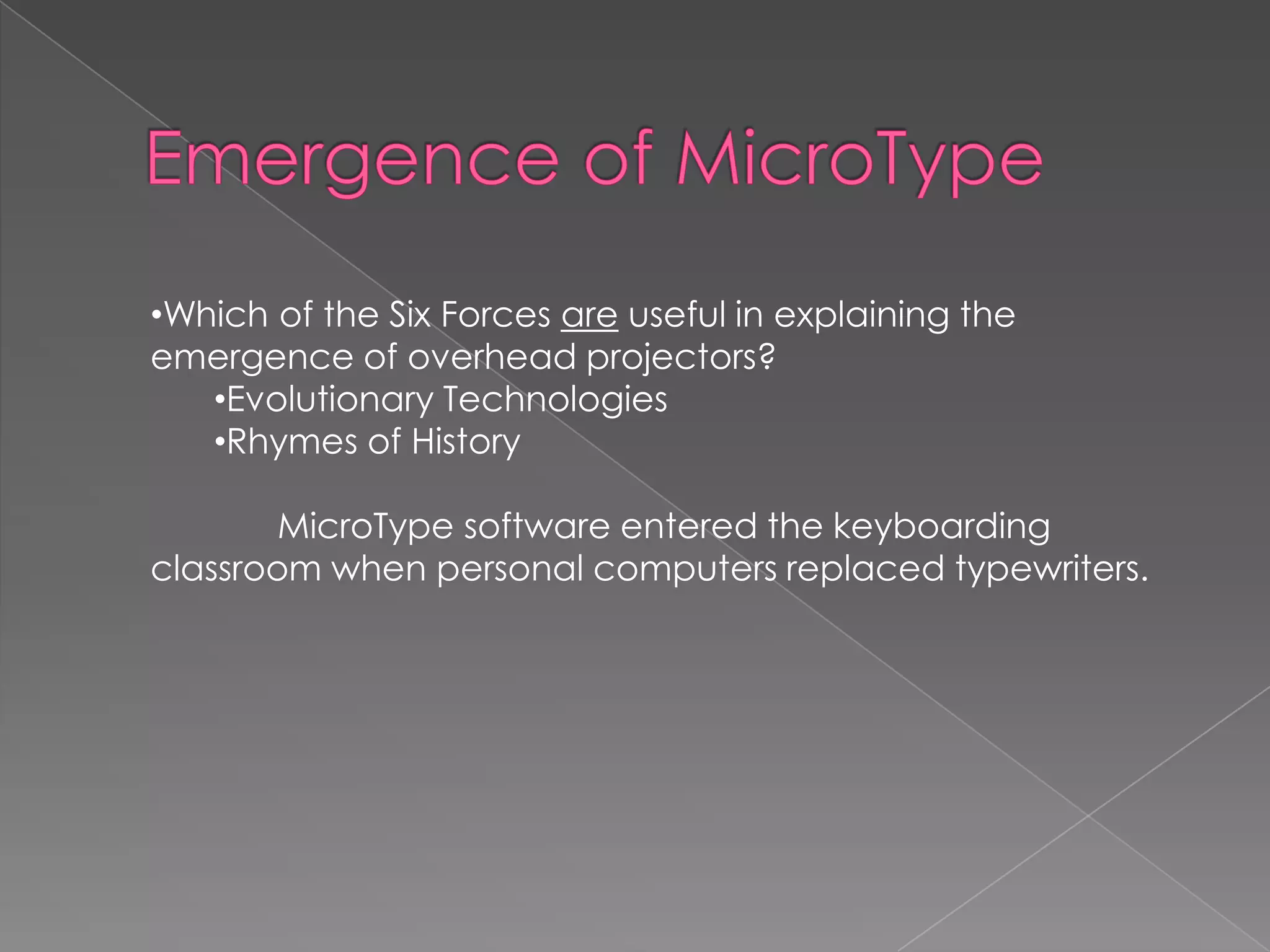 •Which of the Six Forces are useful in explaining the
emergence of overhead projectors?
•Evolutionary Technologies
•Rhymes of History
MicroType software entered the keyboarding
classroom when personal computers replaced typewriters.

 