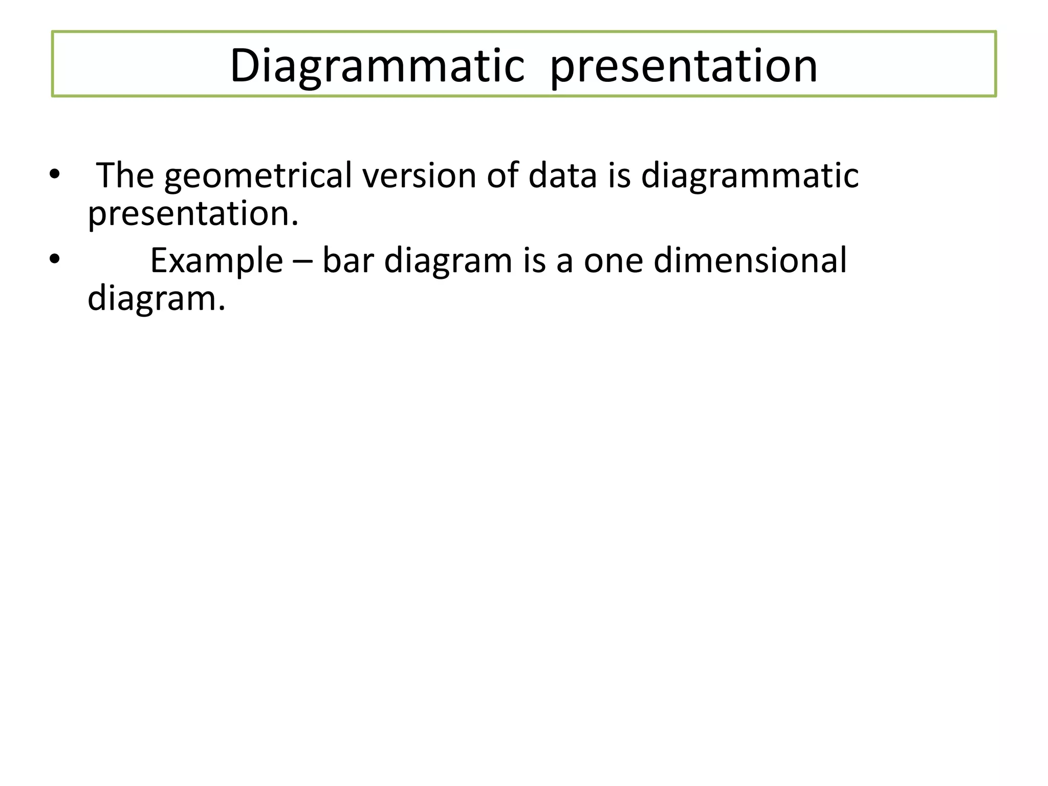 Diagrammatic presentation
• The geometrical version of data is diagrammatic
presentation.
• Example – bar diagram is a one dimensional
diagram.
 