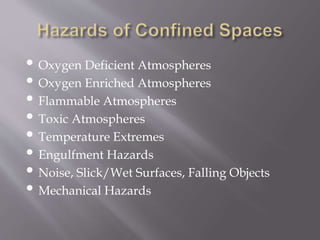 • Oxygen Deficient Atmospheres
• Oxygen Enriched Atmospheres
• Flammable Atmospheres
• Toxic Atmospheres
• Temperature Extremes
• Engulfment Hazards
• Noise, Slick/Wet Surfaces, Falling Objects
• Mechanical Hazards
 