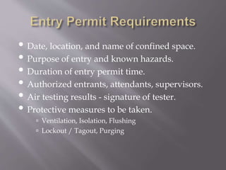 • Date, location, and name of confined space.
• Purpose of entry and known hazards.
• Duration of entry permit time.
• Authorized entrants, attendants, supervisors.
• Air testing results - signature of tester.
• Protective measures to be taken.
 Ventilation, Isolation, Flushing
 Lockout / Tagout, Purging
 
