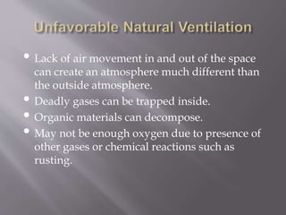 • Lack of air movement in and out of the space
can create an atmosphere much different than
the outside atmosphere.
• Deadly gases can be trapped inside.
• Organic materials can decompose.
• May not be enough oxygen due to presence of
other gases or chemical reactions such as
rusting.
 