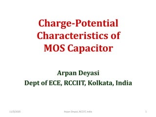 Charge-Potential
Characteristics of
MOS Capacitor
Arpan Deyasi
Dept of ECE, RCCIIT, Kolkata, India
11/3/2020 1Arpan Deyasi, RCCIIT, India
 