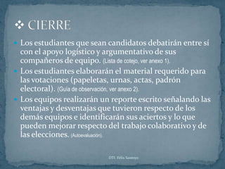  Los estudiantes que sean candidatos debatirán entre sí
  con el apoyo logístico y argumentativo de sus
  compañeros de equipo. (Lista de cotejo, ver anexo 1).
 Los estudiantes elaborarán el material requerido para
  las votaciones (papeletas, urnas, actas, padrón
  electoral). (Guía de observación, ver anexo 2).
 Los equipos realizarán un reporte escrito señalando las
  ventajas y desventajas que tuvieron respecto de los
  demás equipos e identificarán sus aciertos y lo que
  pueden mejorar respecto del trabajo colaborativo y de
  las elecciones. (Autoevaluación).

                           DTI. Félix Santoyo
 