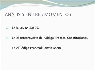 ANÁLISIS EN TRES MOMENTOS  En la Ley Nº 23506. En el anteproyecto del Código Procesal Constitucional. En el Código Procesal Constitucional. 