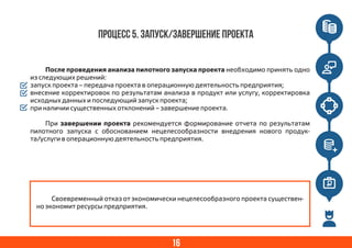 16
Процесс 5. Запуск/Завершение проекта
После проведения анализа пилотного запуска проекта необходимо принять одно
из следующих решений:
запуск проекта – передача проекта в операционную деятельность предприятия;
внесение корректировок по результатам анализа в продукт или услугу, корректировка
исходных данных и последующий запуск проекта;
при наличии существенных отклонений – завершение проекта.
При завершении проекта рекомендуется формирование отчета по результатам
пилотного запуска с обоснованием нецелесообразности внедрения нового продук-
та/услуги в операционную деятельность предприятия.
Своевременный отказ от экономически нецелесообразного проекта существен-
но экономит ресурсы предприятия.
 