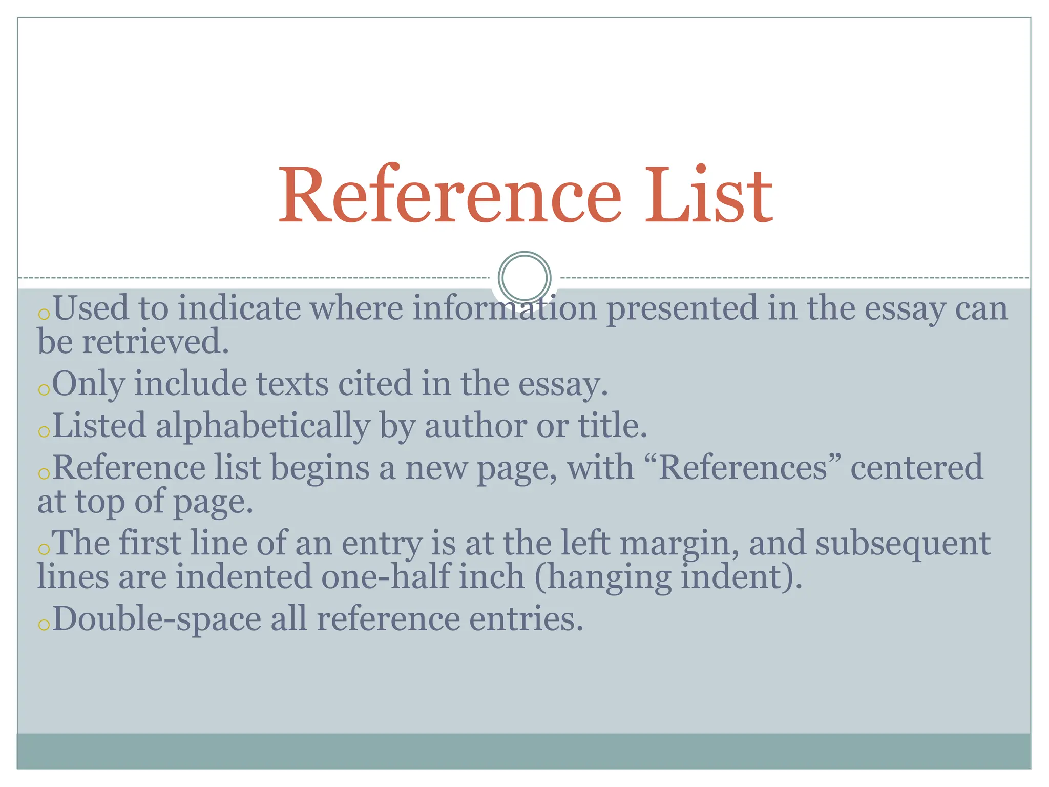 oUsed to indicate where information presented in the essay can
be retrieved.
oOnly include texts cited in the essay.
oListed alphabetically by author or title.
oReference list begins a new page, with “References” centered
at top of page.
oThe first line of an entry is at the left margin, and subsequent
lines are indented one-half inch (hanging indent).
oDouble-space all reference entries.
Reference List
 