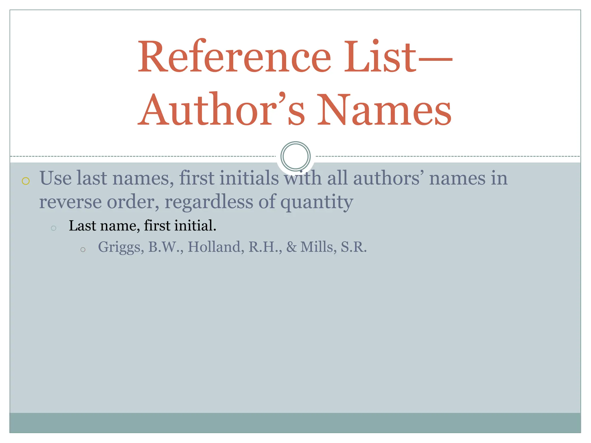 o Use last names, first initials with all authors’ names in
reverse order, regardless of quantity
o Last name, first initial.
o Griggs, B.W., Holland, R.H., & Mills, S.R.
Reference List—
Author’s Names
 