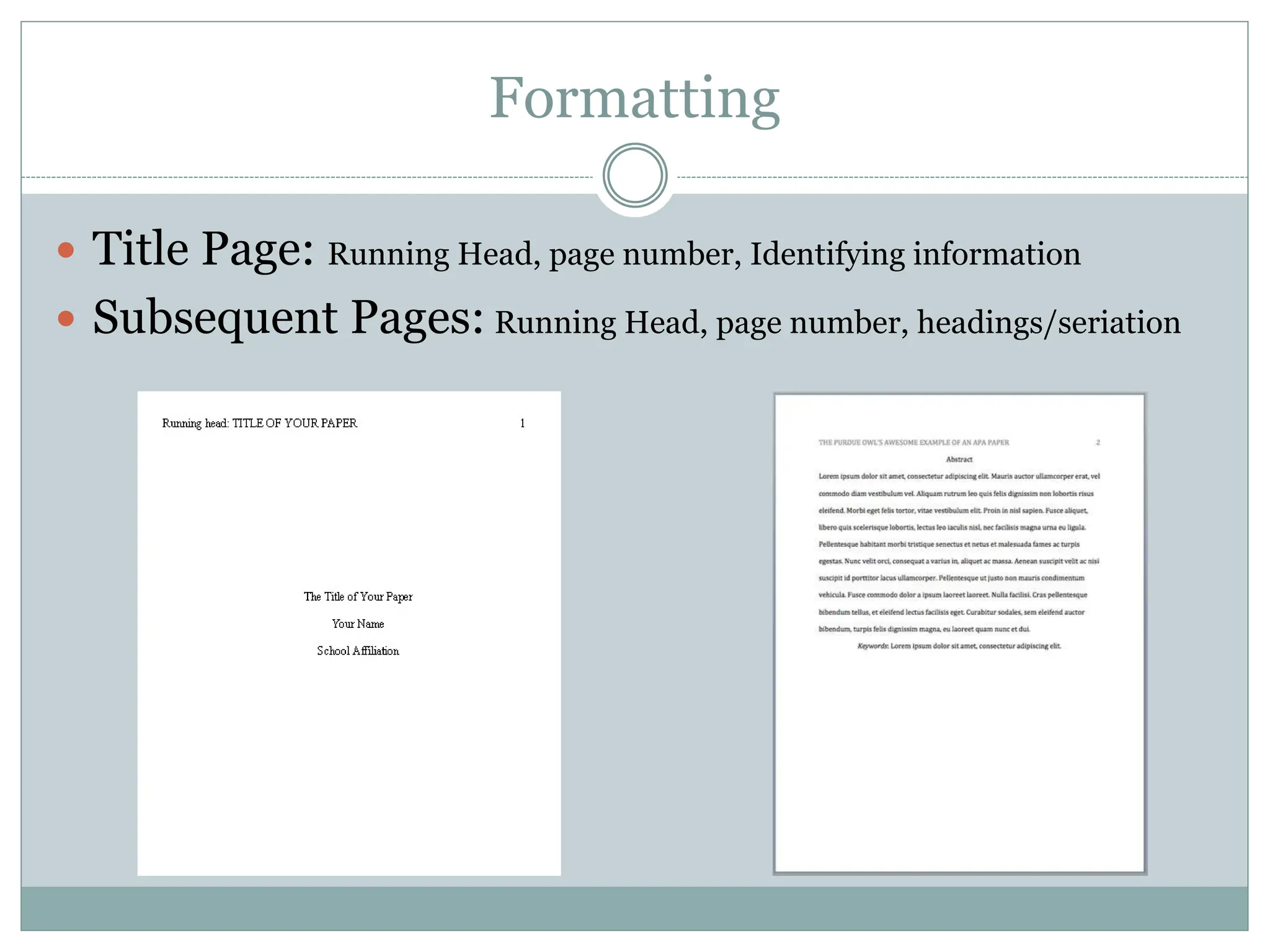 Formatting
 Title Page: Running Head, page number, Identifying information
 Subsequent Pages: Running Head, page number, headings/seriation
 