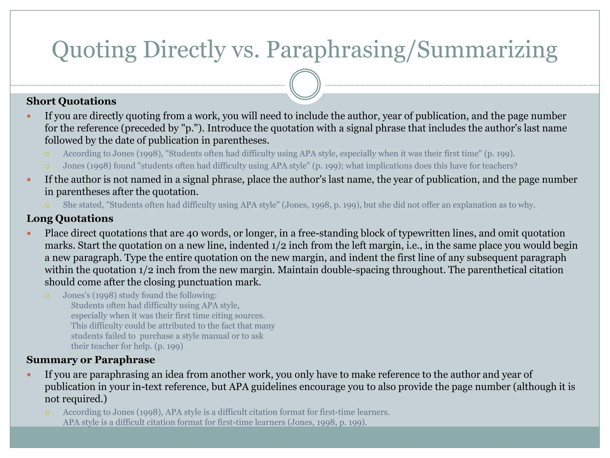 Quoting Directly vs. Paraphrasing/Summarizing
Short Quotations
 If you are directly quoting from a work, you will need to include the author, year of publication, and the page number
for the reference (preceded by "p."). Introduce the quotation with a signal phrase that includes the author's last name
followed by the date of publication in parentheses.
 According to Jones (1998), "Students often had difficulty using APA style, especially when it was their first time" (p. 199).
 Jones (1998) found "students often had difficulty using APA style" (p. 199); what implications does this have for teachers?
 If the author is not named in a signal phrase, place the author's last name, the year of publication, and the page number
in parentheses after the quotation.
 She stated, "Students often had difficulty using APA style" (Jones, 1998, p. 199), but she did not offer an explanation as to why.
Long Quotations
 Place direct quotations that are 40 words, or longer, in a free-standing block of typewritten lines, and omit quotation
marks. Start the quotation on a new line, indented 1/2 inch from the left margin, i.e., in the same place you would begin
a new paragraph. Type the entire quotation on the new margin, and indent the first line of any subsequent paragraph
within the quotation 1/2 inch from the new margin. Maintain double-spacing throughout. The parenthetical citation
should come after the closing punctuation mark.
 Jones's (1998) study found the following:
Students often had difficulty using APA style,
especially when it was their first time citing sources.
This difficulty could be attributed to the fact that many
students failed to purchase a style manual or to ask
their teacher for help. (p. 199)
Summary or Paraphrase
 If you are paraphrasing an idea from another work, you only have to make reference to the author and year of
publication in your in-text reference, but APA guidelines encourage you to also provide the page number (although it is
not required.)
 According to Jones (1998), APA style is a difficult citation format for first-time learners.
APA style is a difficult citation format for first-time learners (Jones, 1998, p. 199).
 