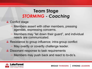 Conflict stage
̶ Members assert with other members, pressing
agendas, expressing concerns.
̶ Members may “let down their guard”, and individual
needs are communicated.
Resistance to group influence; intra-group conflict
̶ May overtly or covertly challenge leader.
Dissonant response to task requirements
̶ Members may push back and react to to-do’s.
Team Stage
STORMING - Coaching
 