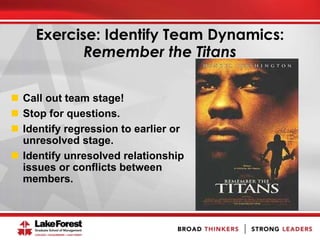 Exercise: Identify Team Dynamics:
Remember the Titans
 Call out team stage!
 Stop for questions.
 Identify regression to earlier or
unresolved stage.
 Identify unresolved relationship
issues or conflicts between
members.
 
