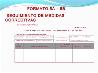 TIPO DE ÓRGANO INFORMANTE
Nº INFORME 001- 2003 – 2 - ABC Nº De Seguimiento 001 DEL ( FECHA )
NOMBRE DE LA ENTIDAD (ABC)
AL (FECHA)
ACCIONES ADOPTADAS
ACCIONES POR
REALIZAR FECHA SITUACIÓN
Nº
RECOM.
Código del Órgano Inf.Órgano de Auditoría Interna
Período de Seguimiento
SITUACIÓN DE LAS RECOMENDACIONES
VERIFICACIÓN Y SEGUIMIENTO DE LA IMPLANTACIÓN DE RECOMENDACIONES
FORMATO 5A-5B
( ABC ) NOMBRE DE LA ENTIDAD
FORMATO 5A – 5B
SEGUIMIENTO DE MEDIDAS
CORRECTIVAS
 