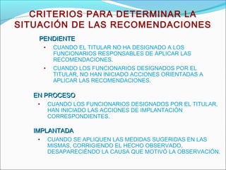 PENDIENTEPENDIENTE
• CUANDO EL TITULAR NO HA DESIGNADO A LOS
FUNCIONARIOS RESPONSABLES DE APLICAR LAS
RECOMENDACIONES.
• CUANDO LOS FUNCIONARIOS DESIGNADOS POR EL
TITULAR, NO HAN INICIADO ACCIONES ORIENTADAS A
APLICAR LAS RECOMENDACIONES.
CRITERIOS PARA DETERMINAR LA
SITUACIÓN DE LAS RECOMENDACIONES
EN PROCESOEN PROCESO
• CUANDO LOS FUNCIONARIOS DESIGNADOS POR EL TITULAR,
HAN INICIADO LAS ACCIONES DE IMPLANTACIÓN
CORRESPONDIENTES.
IMPLANTADAIMPLANTADA
• CUANDO SE APLIQUEN LAS MEDIDAS SUGERIDAS EN LAS
MISMAS, CORRIGIENDO EL HECHO OBSERVADO,
DESAPARECIÉNDO LA CAUSA QUE MOTIVÓ LA OBSERVACIÓN.
 
